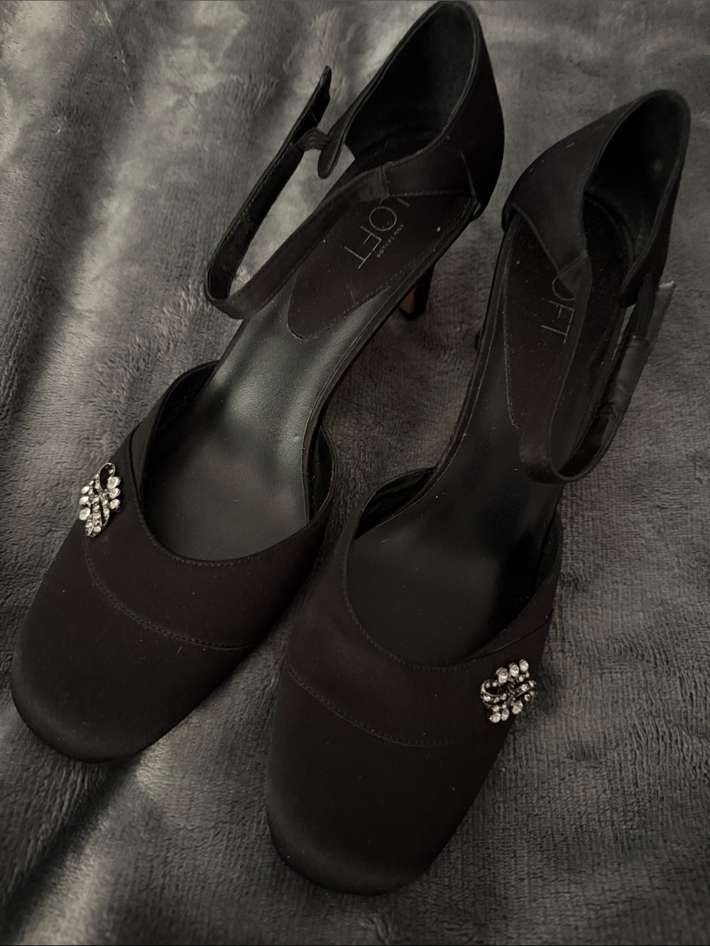 LOFT Black Satin Mary Jane Heels with Crystal Accent